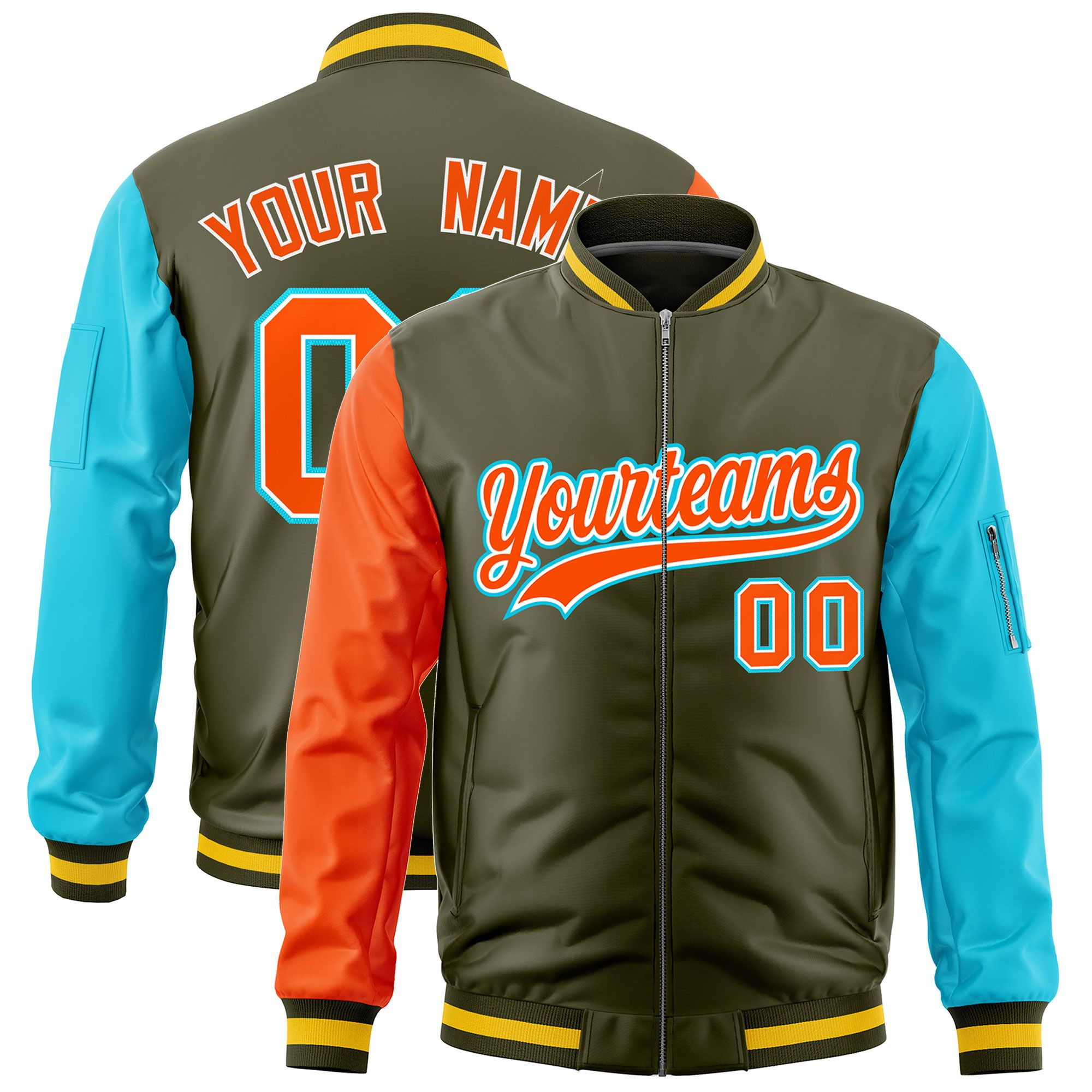 Custom Olive Orange Sky Blue Varsity Full-Zip Raglan Sleeves Letterman Bomber Jacket