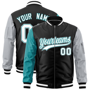 Custom Black Aqua Silver Varsity Full-Zip Raglan Sleeves Letterman Bomber Jacket