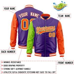 Custom Purple Neon Green Orange Varsity Full-Zip Raglan Sleeves Letterman Bomber Jacket