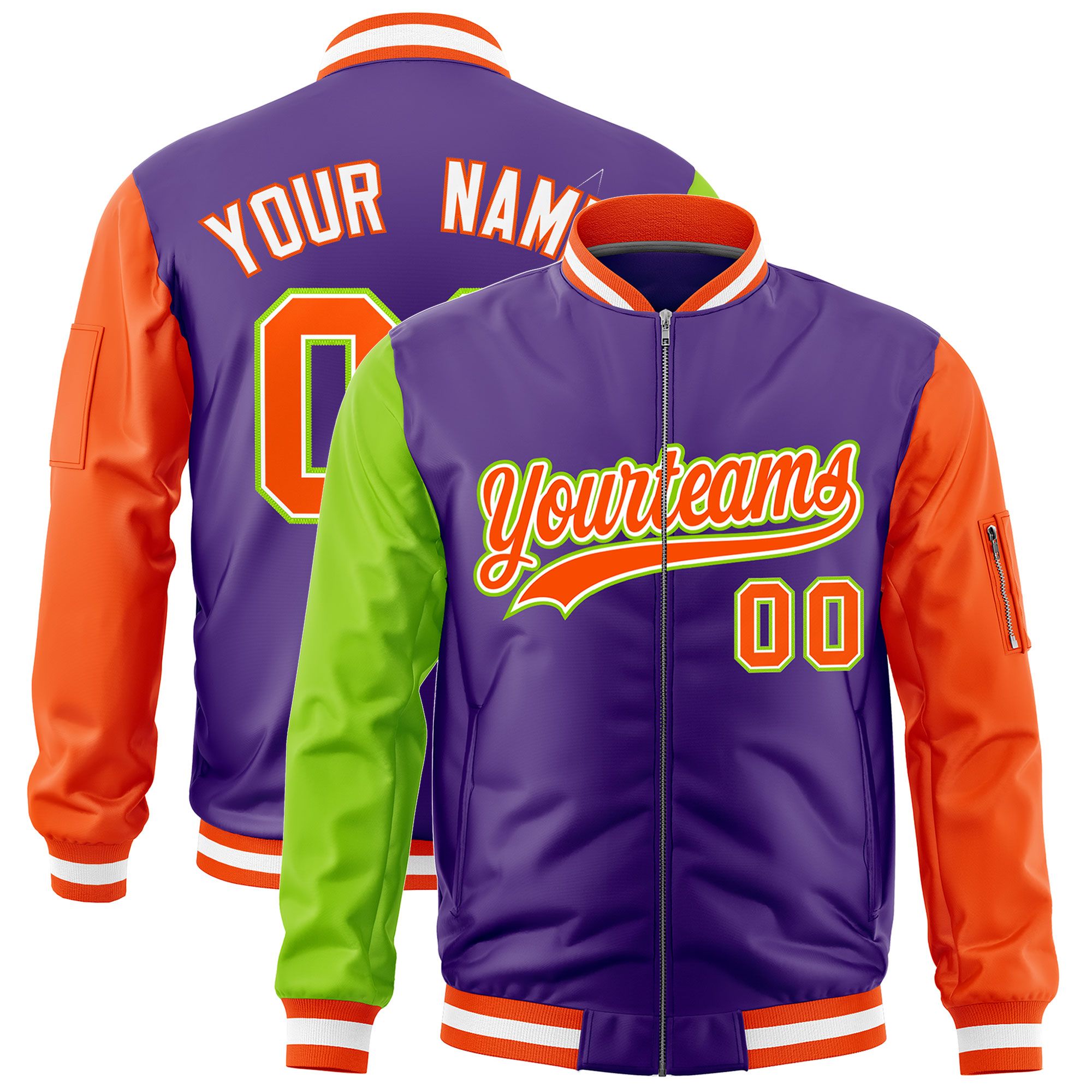 Custom Purple Neon Green Orange Varsity Full-Zip Raglan Sleeves Letterman Bomber Jacket