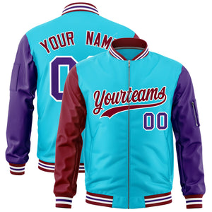 Custom Sky Blue Crimson Purple Varsity Full-Zip Raglan Sleeves Letterman Bomber Jacket