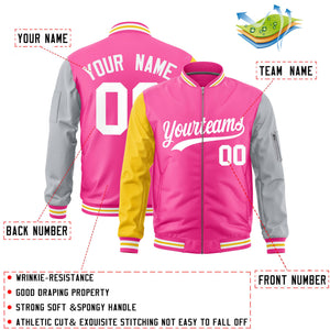 Custom Pink Gold Silver Varsity Full-Zip Raglan Sleeves Letterman Bomber Jacket