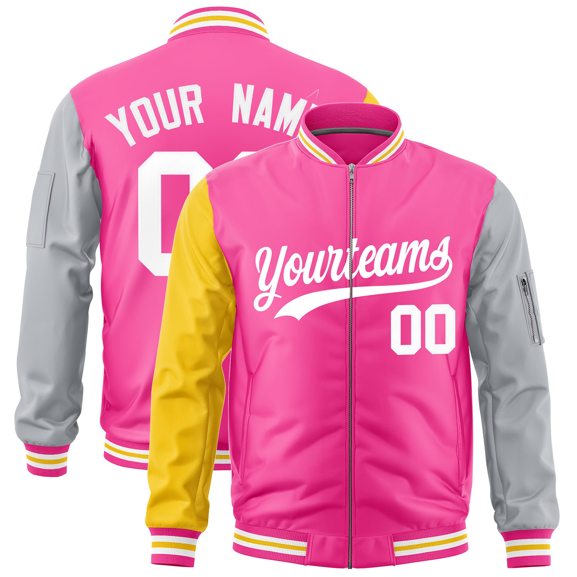 Custom Pink Gold Silver Varsity Full-Zip Raglan Sleeves Letterman Bomber Jacket