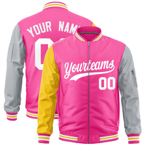 Custom Pink Gold Silver Varsity Full-Zip Raglan Sleeves Letterman Bomber Jacket