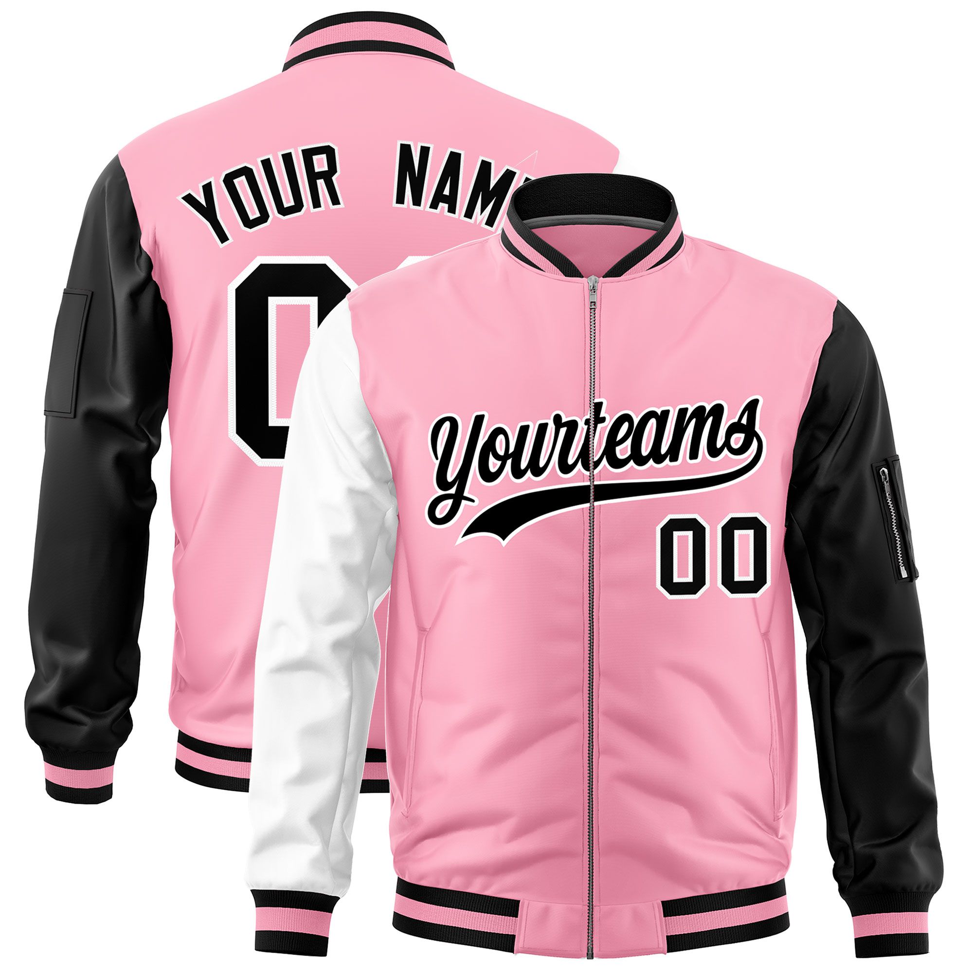 Custom Light Pink White Black Varsity Full-Zip Raglan Sleeves Letterman Bomber Jacket