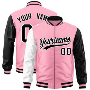 Custom Light Pink White Black Varsity Full-Zip Raglan Sleeves Letterman Bomber Jacket