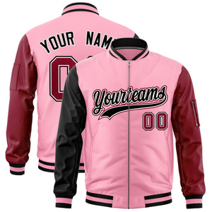 Custom Light Pink Black Crimson Varsity Full-Zip Raglan Sleeves Letterman Bomber Jacket