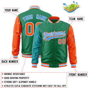 Custom Kelly Green Aqua Orange Varsity Full-Zip Raglan Sleeves Letterman Bomber Jacket