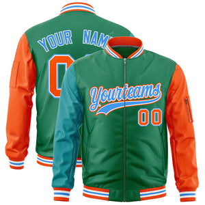 Custom Kelly Green Aqua Orange Varsity Full-Zip Raglan Sleeves Letterman Bomber Jacket