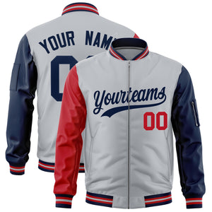 Custom Silver Red Navy Varsity Full-Zip Raglan Sleeves Letterman Bomber Jacket