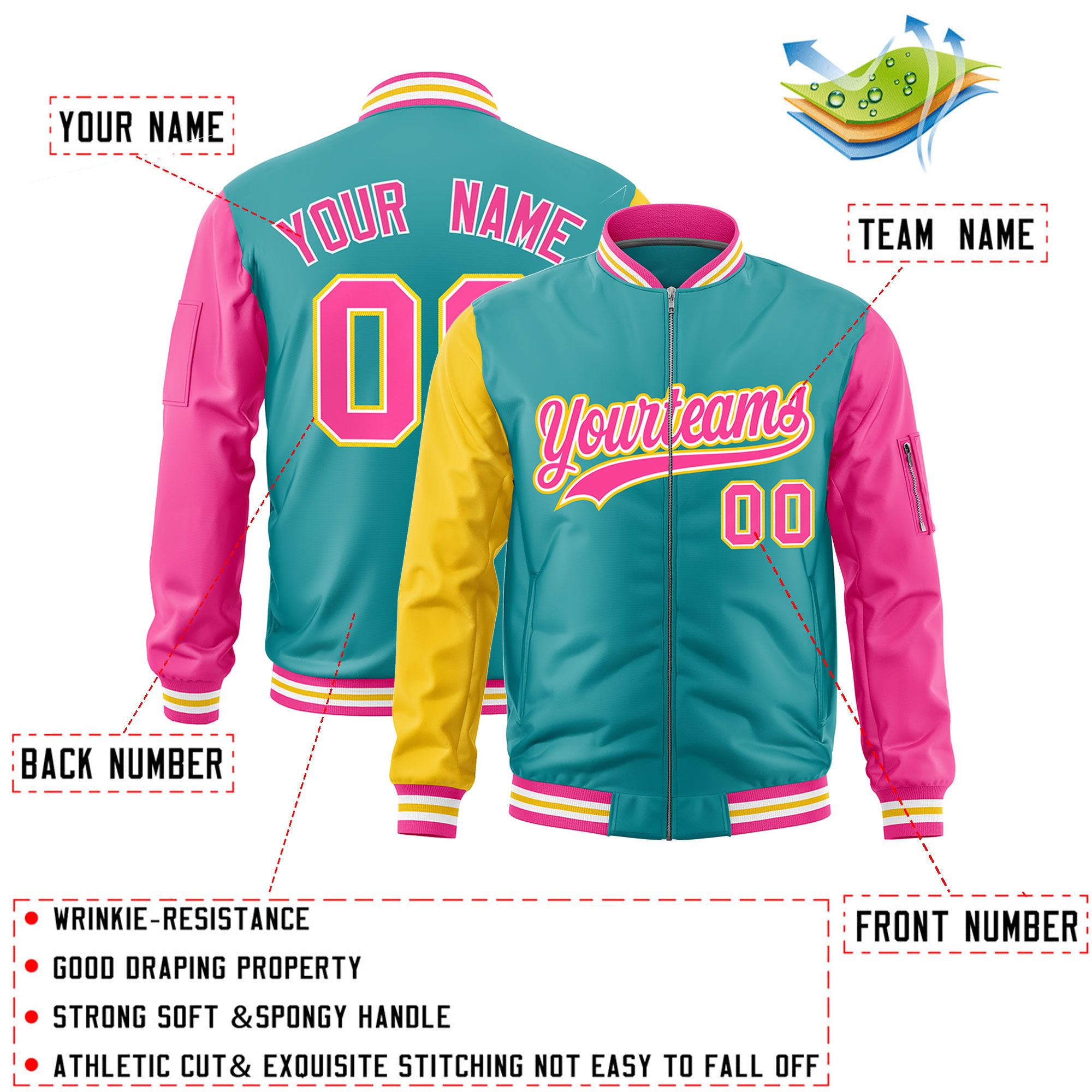 Custom Aqua Gold Pink Varsity Full-Zip Raglan Sleeves Letterman Bomber Jacket