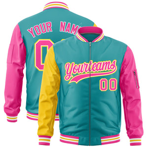 Custom Aqua Gold Pink Varsity Full-Zip Raglan Sleeves Letterman Bomber Jacket