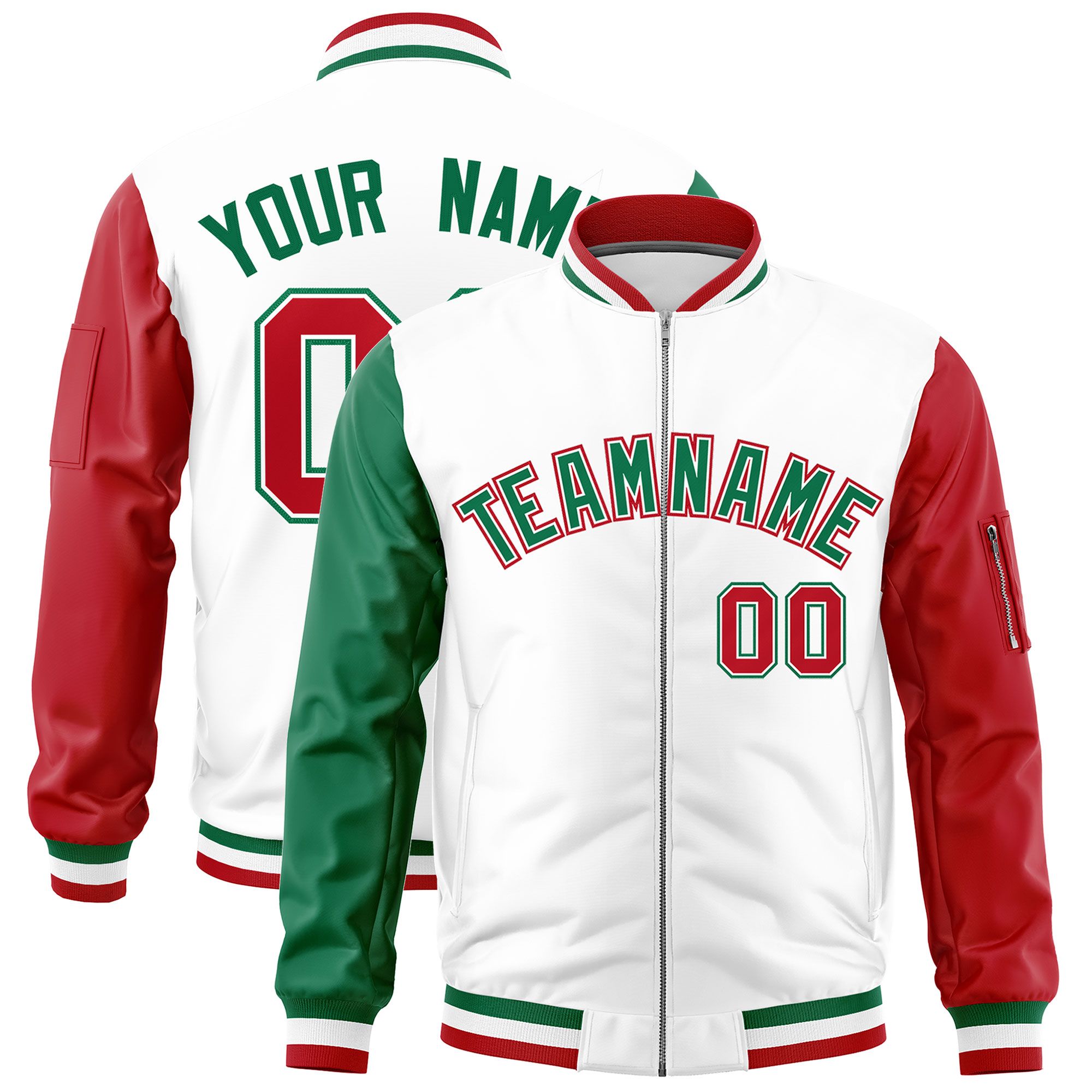 Custom White Kelly Green Red Varsity Full-Zip Raglan Sleeves Letterman Bomber Jacket