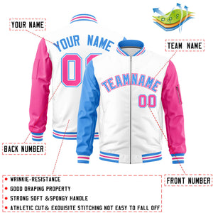 Custom White Powder Blue Pink Varsity Full-Zip Raglan Sleeves Letterman Bomber Jacket