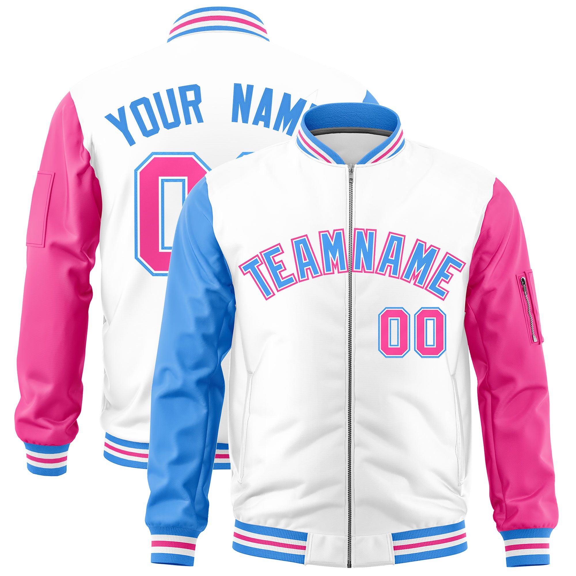 Custom White Powder Blue Pink Varsity Full-Zip Raglan Sleeves Letterman Bomber Jacket