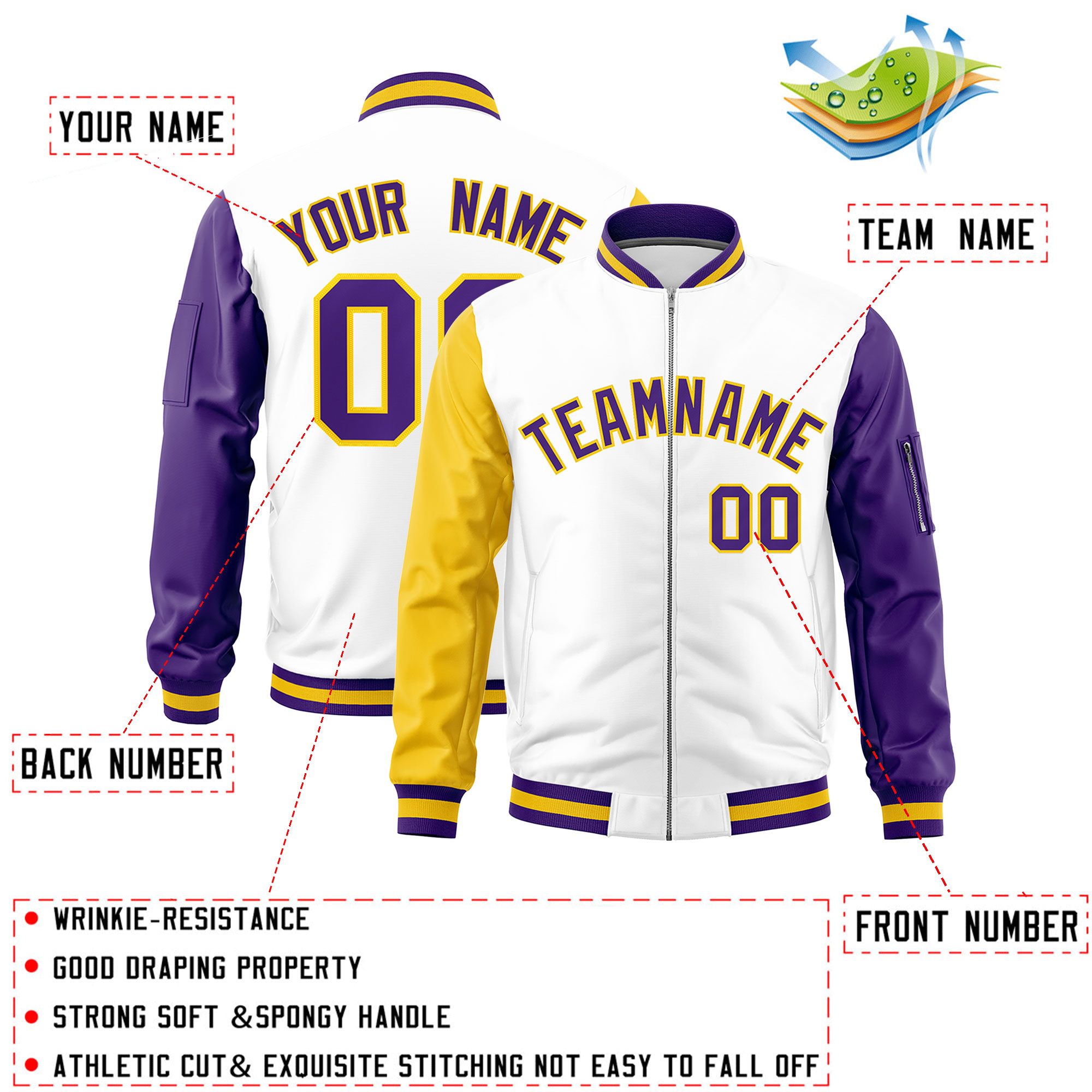 Custom White Gold Purple Varsity Full-Zip Raglan Sleeves Letterman Bomber Jacket