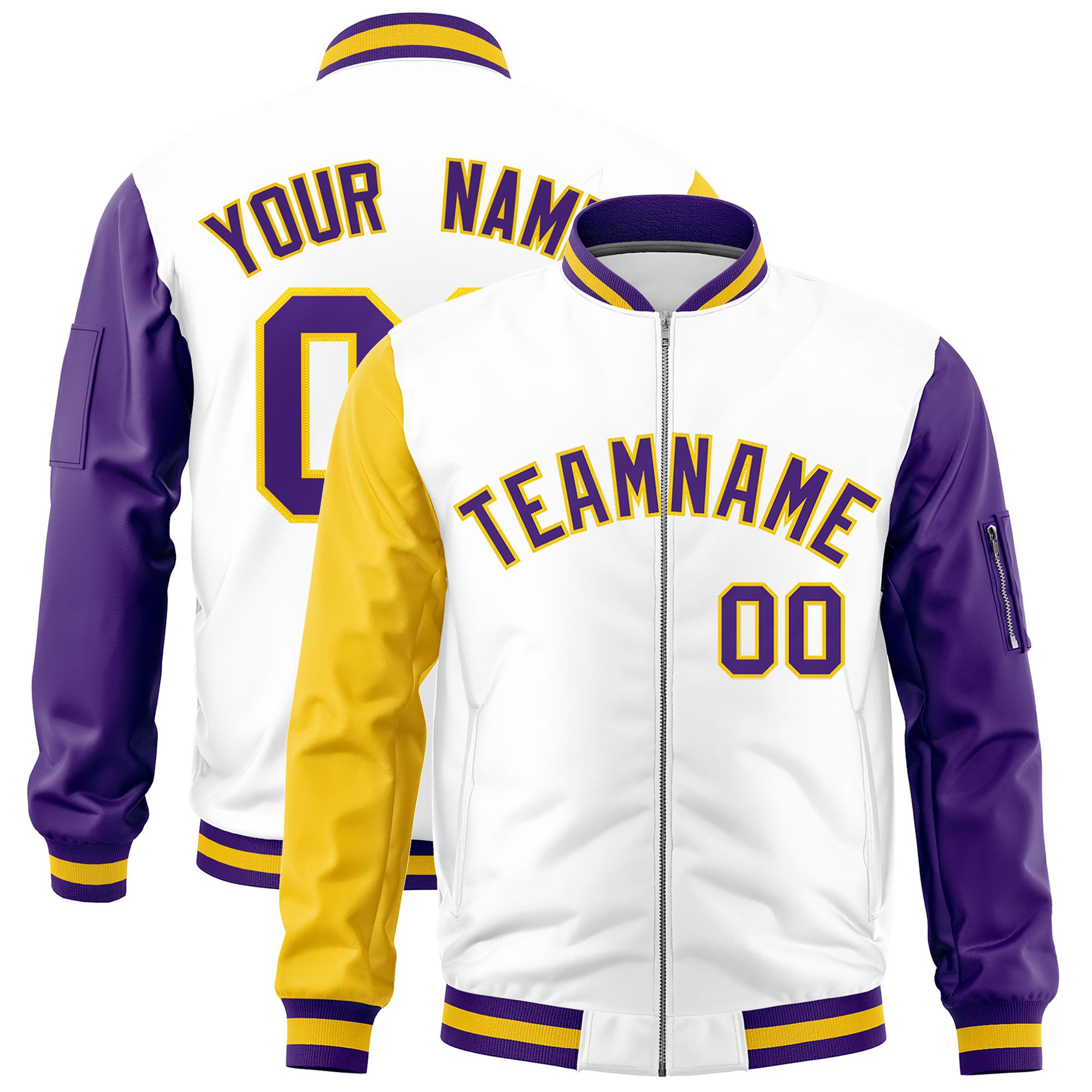 Custom White Gold Purple Varsity Full-Zip Raglan Sleeves Letterman Bomber Jacket