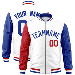 Custom White Red Royal Varsity Full-Zip Raglan Sleeves Letterman Bomber Jacket