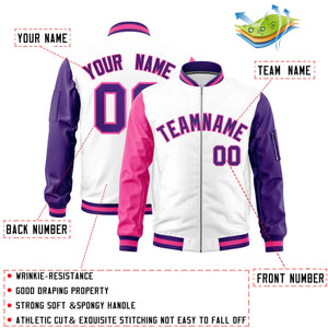 Custom White Pink Purple Varsity Full-Zip Raglan Sleeves Letterman Bomber Jacket