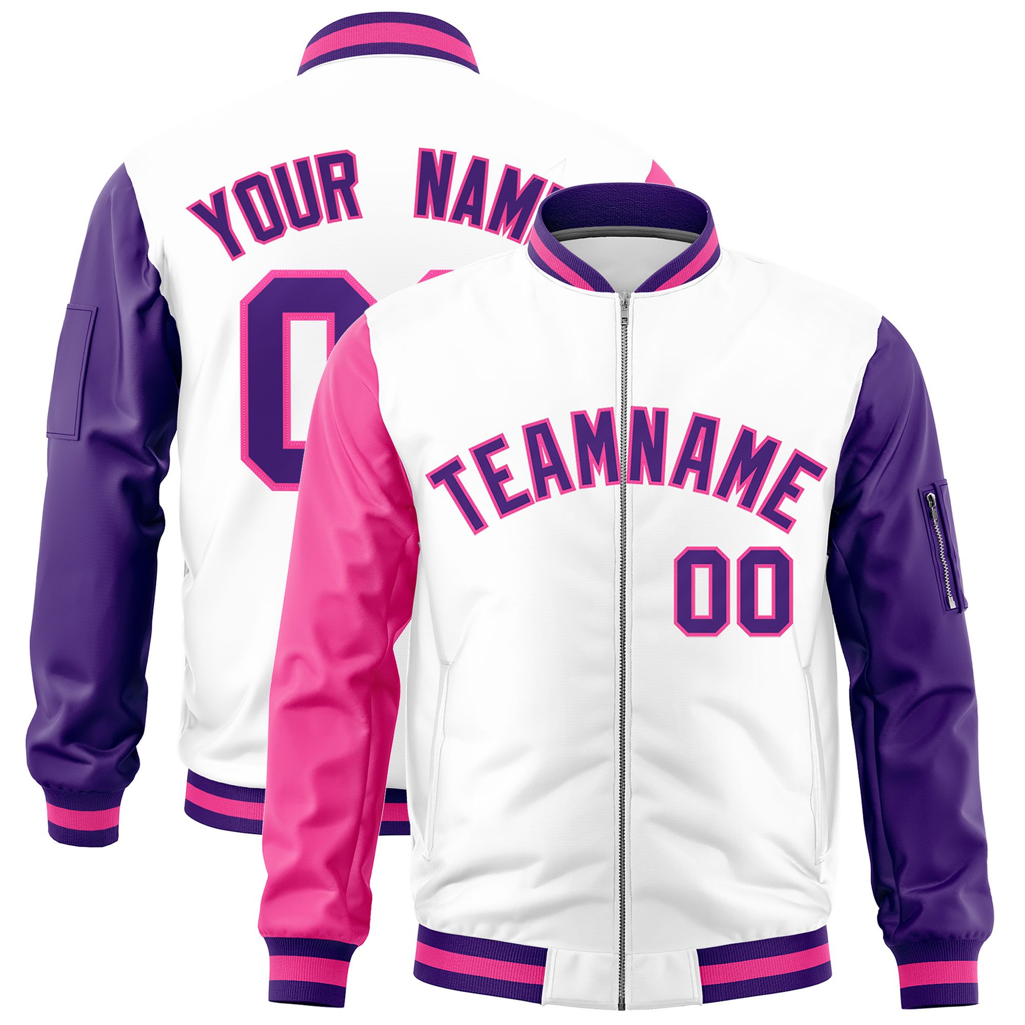 Custom White Pink Purple Varsity Full-Zip Raglan Sleeves Letterman Bomber Jacket