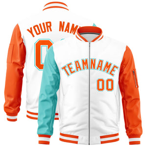 Custom White Bright Green Orange Varsity Full-Zip Raglan Sleeves Letterman Bomber Jacket