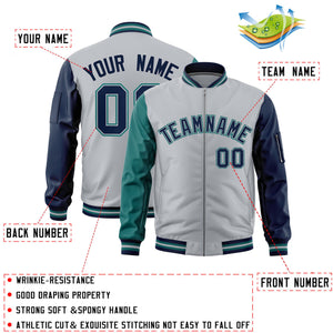 Custom Silver Aqua Navy Varsity Full-Zip Raglan Sleeves Letterman Bomber Jacket