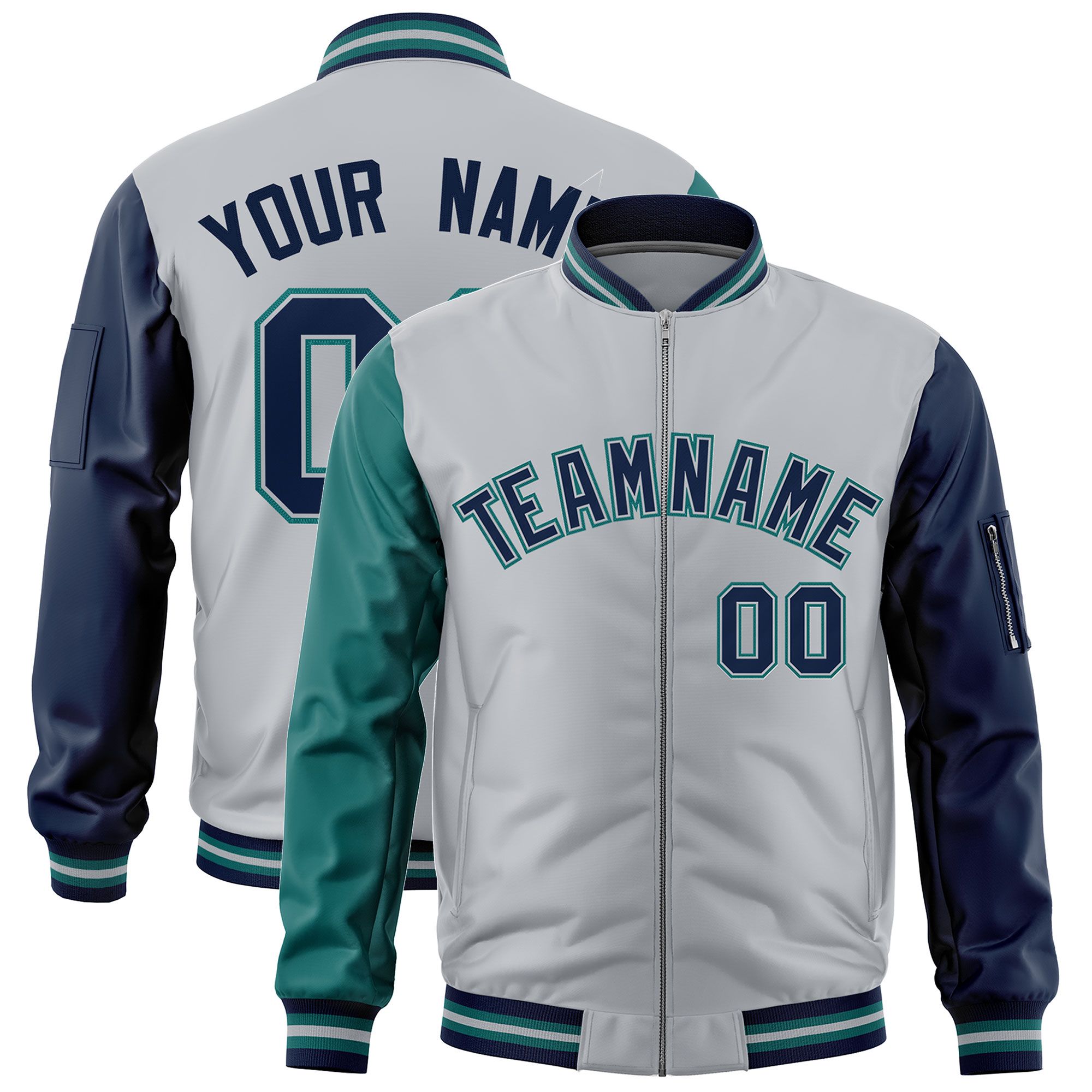 Custom Silver Aqua Navy Varsity Full-Zip Raglan Sleeves Letterman Bomber Jacket