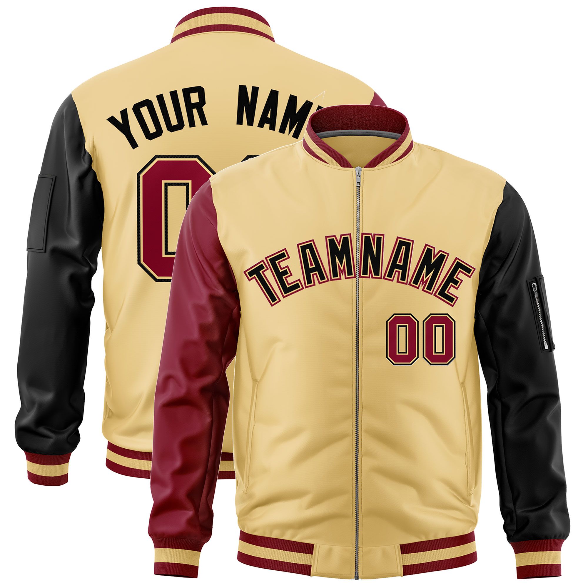 Custom Khaki Crimson Black Varsity Full-Zip Raglan Sleeves Letterman Bomber Jacket