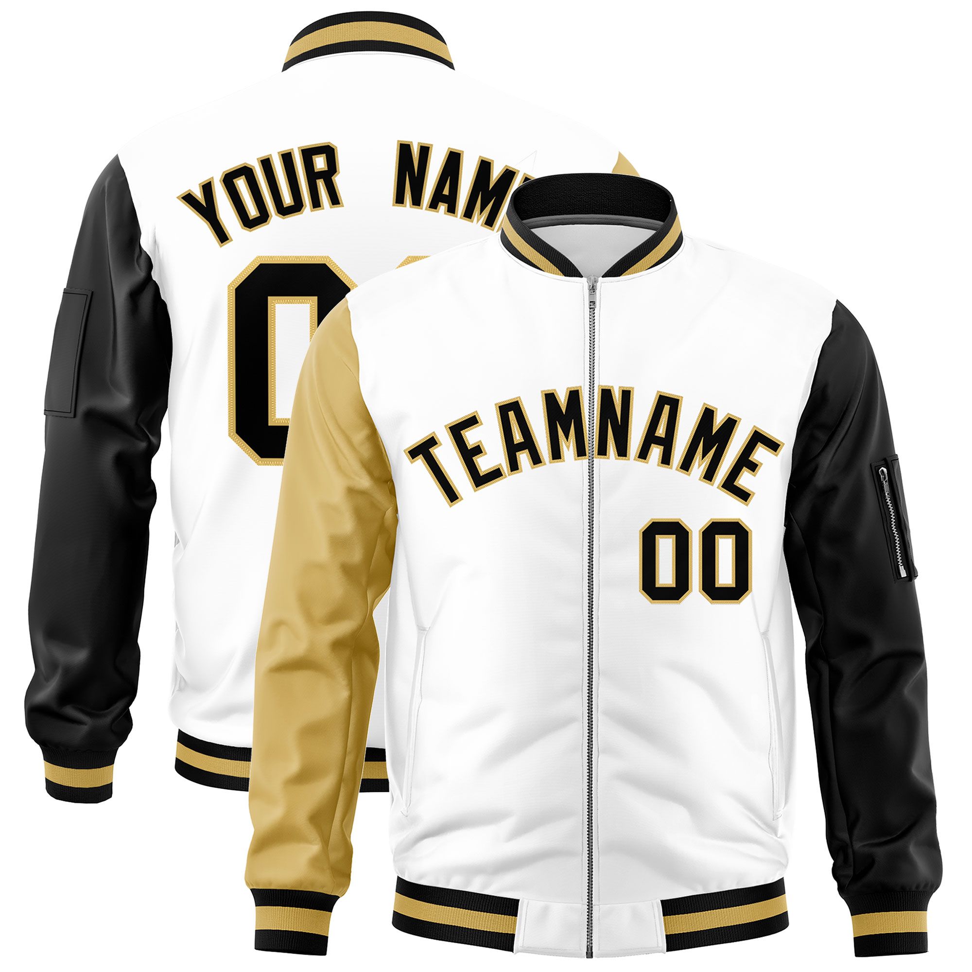 Custom White Old Gold Black Varsity Full-Zip Raglan Sleeves Letterman Bomber Jacket