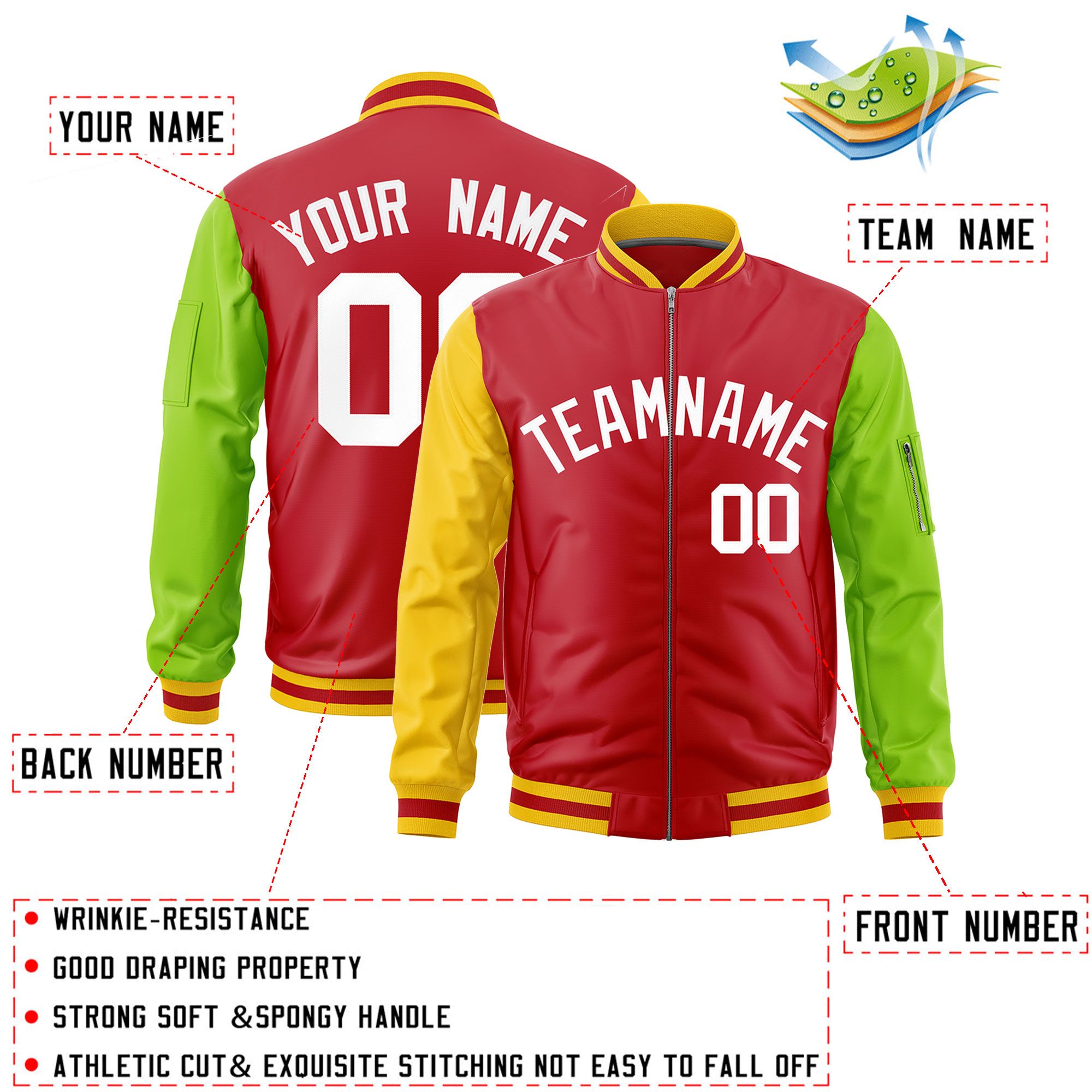 Custom Red Gold Neon Green Varsity Full-Zip Raglan Sleeves Letterman Bomber Jacket