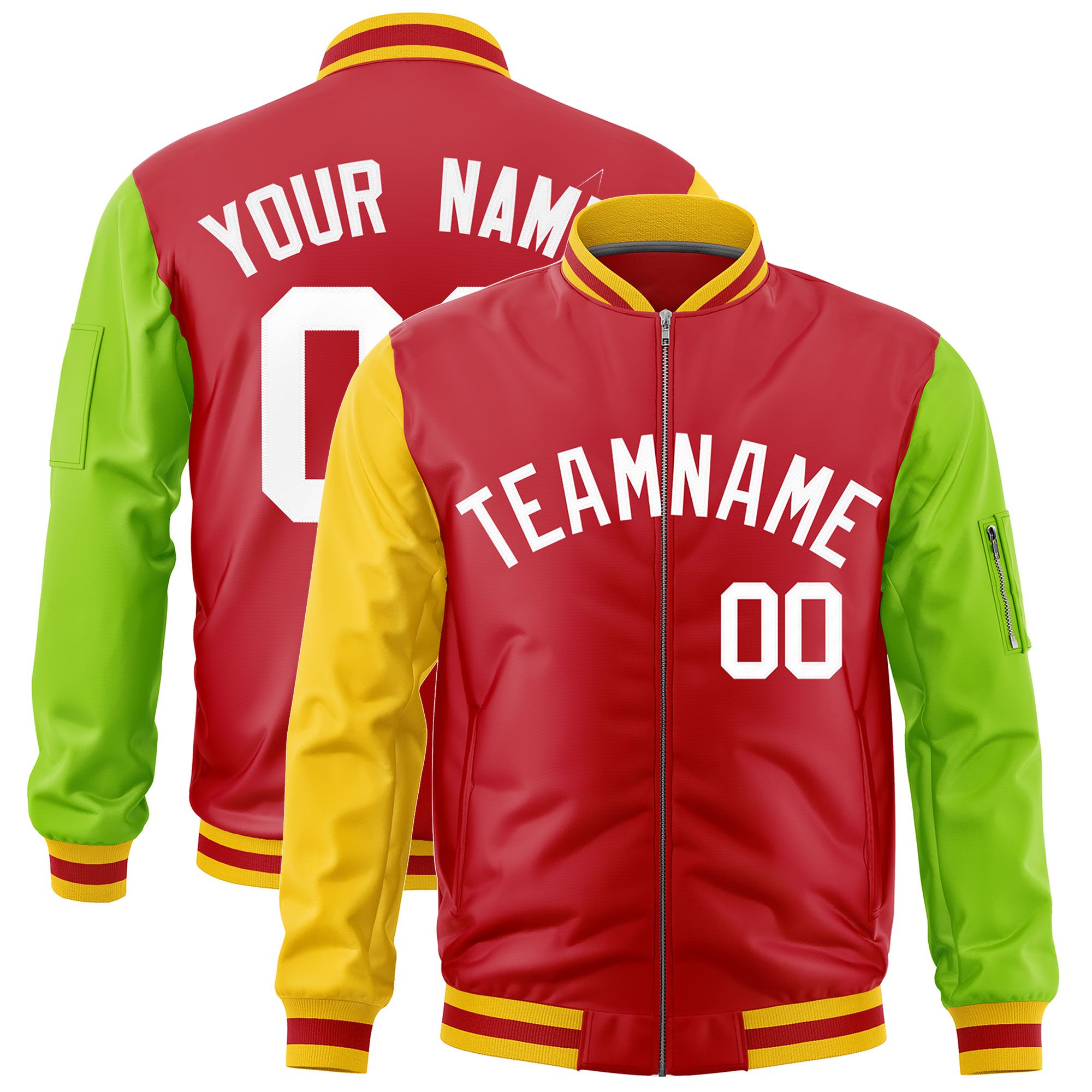 Custom Red Gold Neon Green Varsity Full-Zip Raglan Sleeves Letterman Bomber Jacket