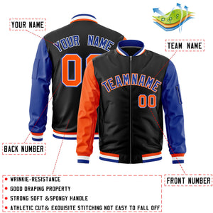 Custom Black Orange Royal Varsity Full-Zip Raglan Sleeves Letterman Bomber Jacket