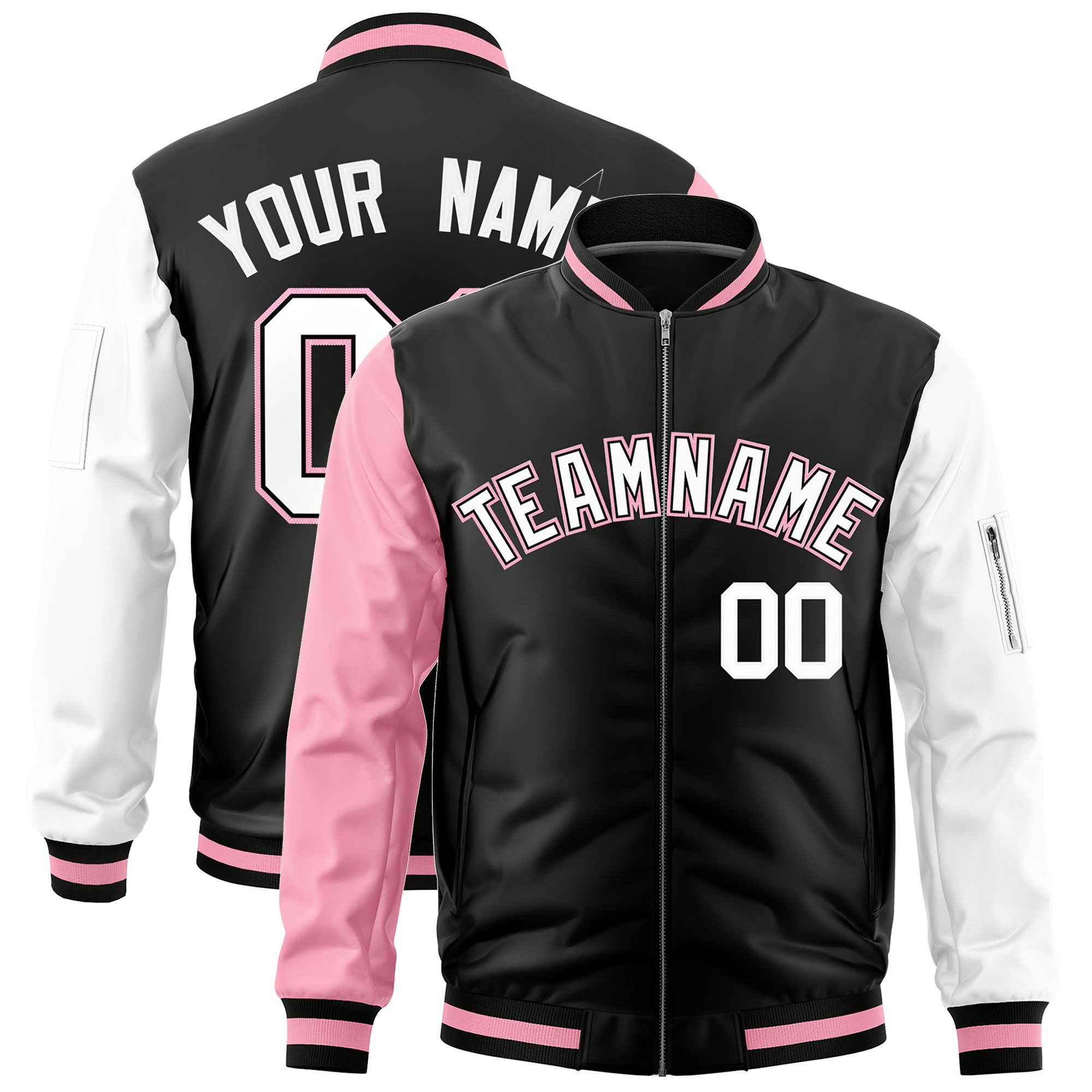 Custom Black Light Pink White Varsity Full-Zip Raglan Sleeves Letterman Bomber Jacket