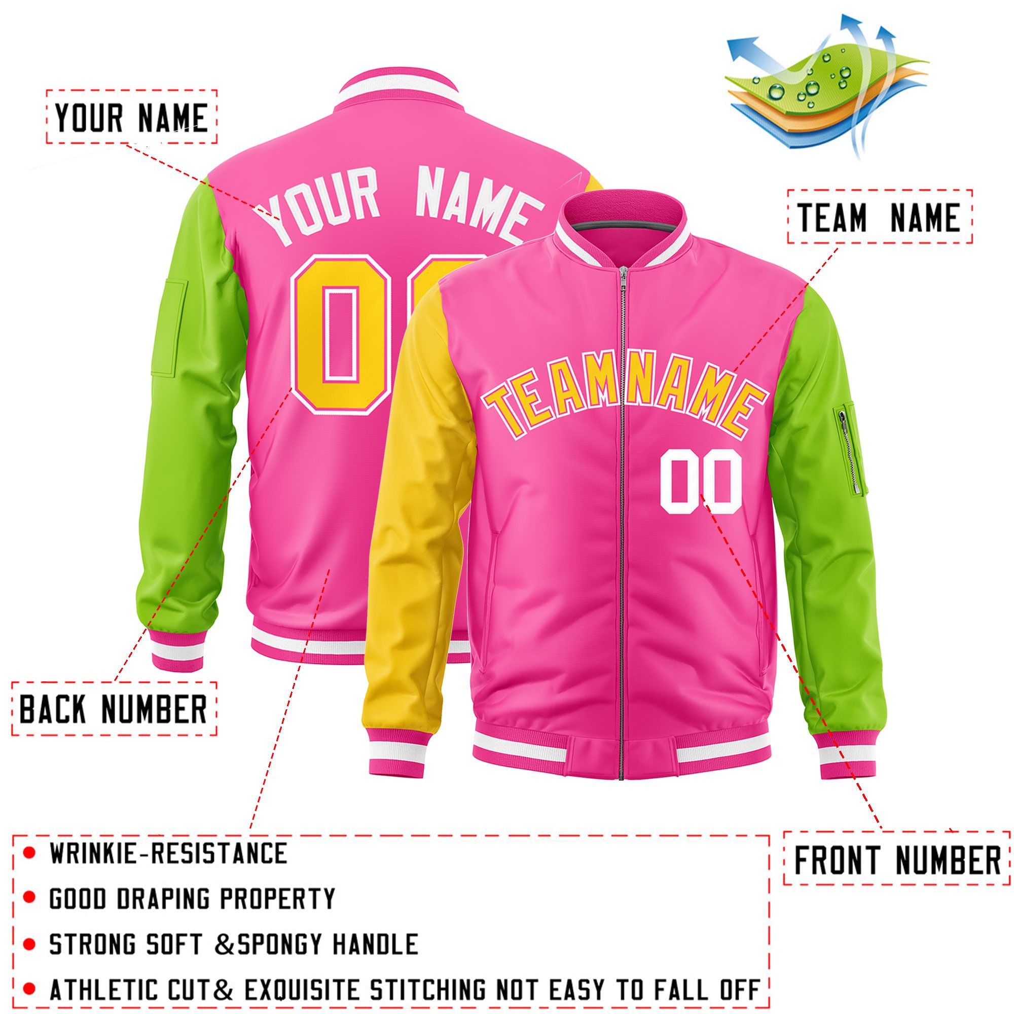 Custom Pink Gold Neon Green Varsity Full-Zip Raglan Sleeves Letterman Bomber Jacket