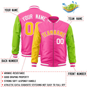 Custom Pink Gold Neon Green Varsity Full-Zip Raglan Sleeves Letterman Bomber Jacket