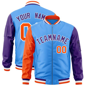 Custom Powder Blue Orange Purple Varsity Full-Zip Raglan Sleeves Letterman Bomber Jacket