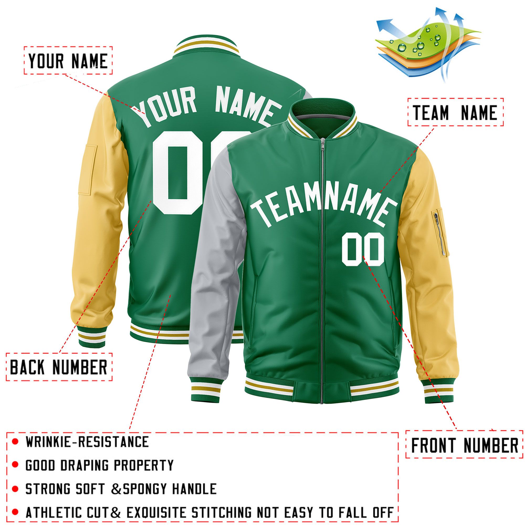 Custom Kelly Green Silver Old Gold Varsity Full-Zip Raglan Sleeves Letterman Bomber Jacket