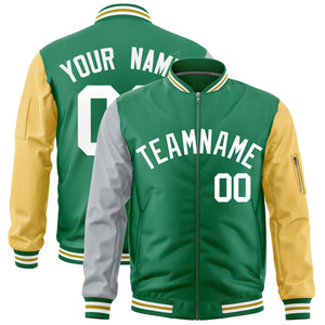 Custom Kelly Green Silver Old Gold Varsity Full-Zip Raglan Sleeves Letterman Bomber Jacket