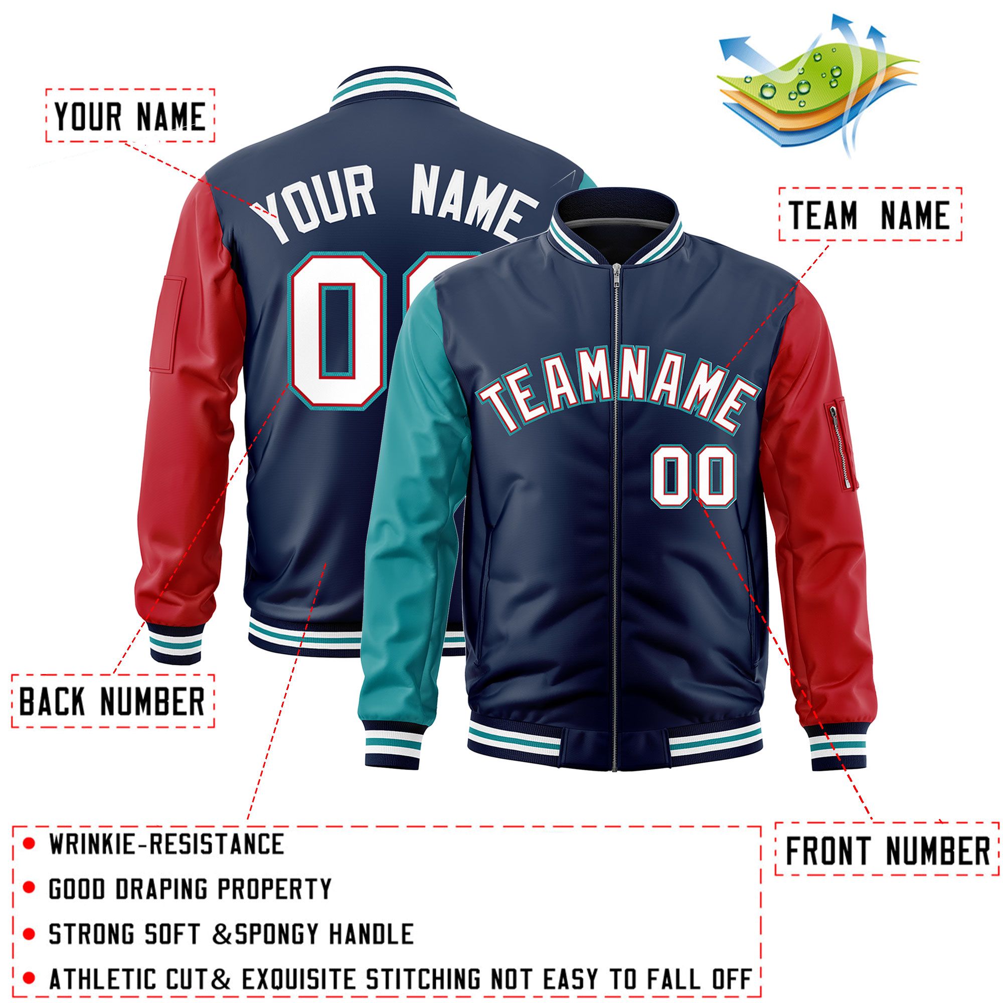 Custom Navy Aqua Red Varsity Full-Zip Raglan Sleeves Letterman Bomber Jacket