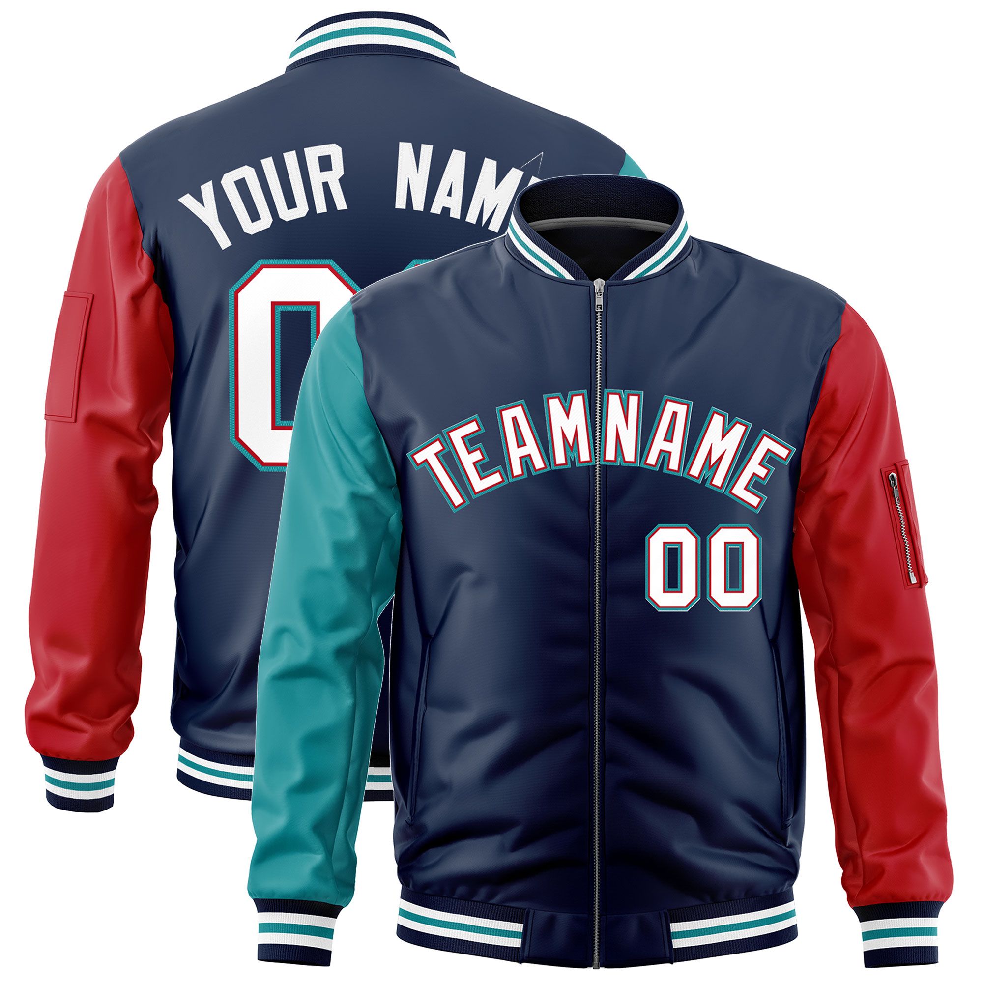 Custom Navy Aqua Red Varsity Full-Zip Raglan Sleeves Letterman Bomber Jacket