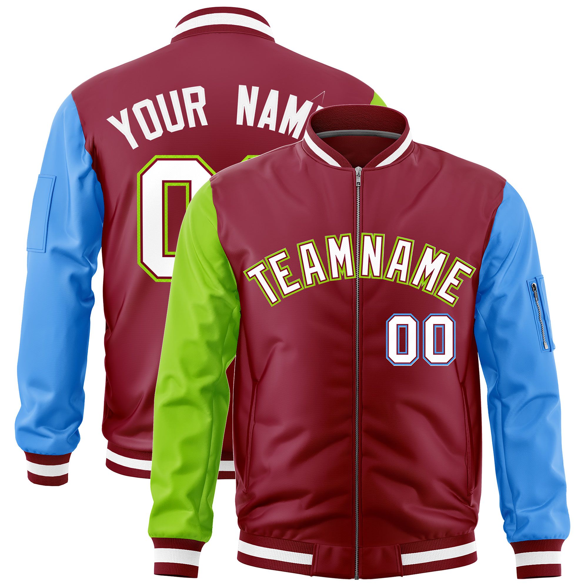 Custom Crimson Neon Green Powder Blue Varsity Full-Zip Raglan Sleeves Letterman Bomber Jacket