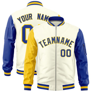 Custom Cream Gold Royal Varsity Full-Zip Raglan Sleeves Letterman Bomber Jacket