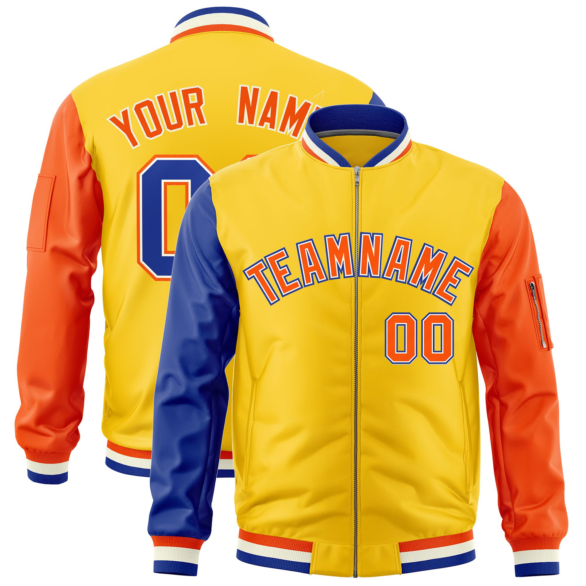 Custom Gold Royal Orange Varsity Full-Zip Raglan Sleeves Letterman Bomber Jacket