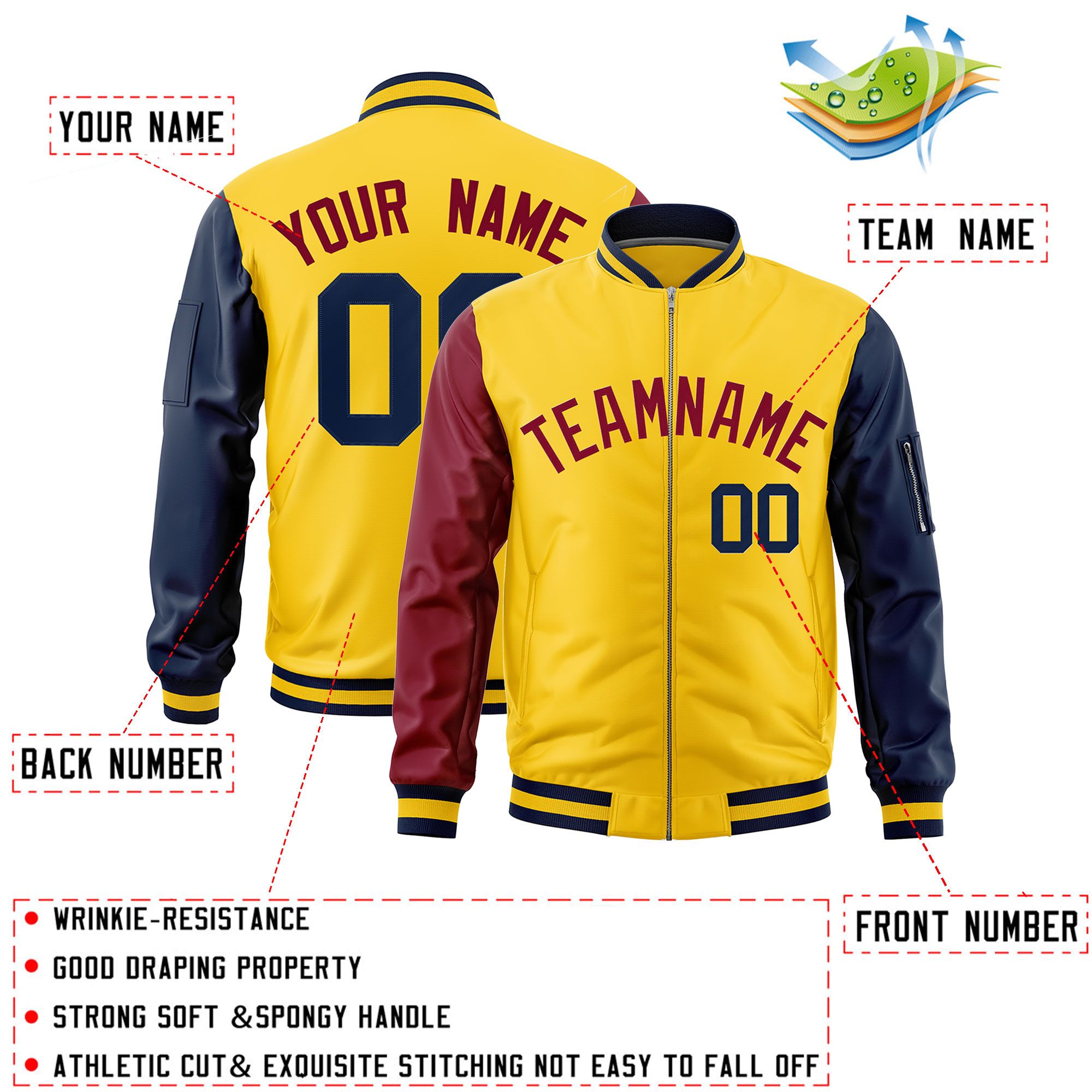 Custom Gold Crimson Navy Varsity Full-Zip Raglan Sleeves Letterman Bomber Jacket