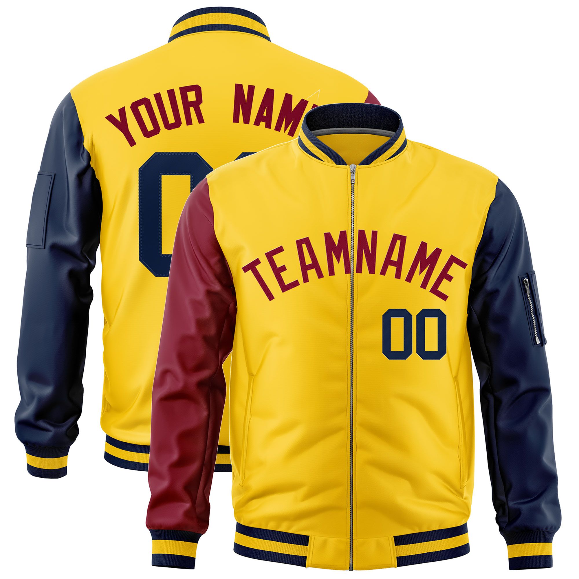 Custom Gold Crimson Navy Varsity Full-Zip Raglan Sleeves Letterman Bomber Jacket