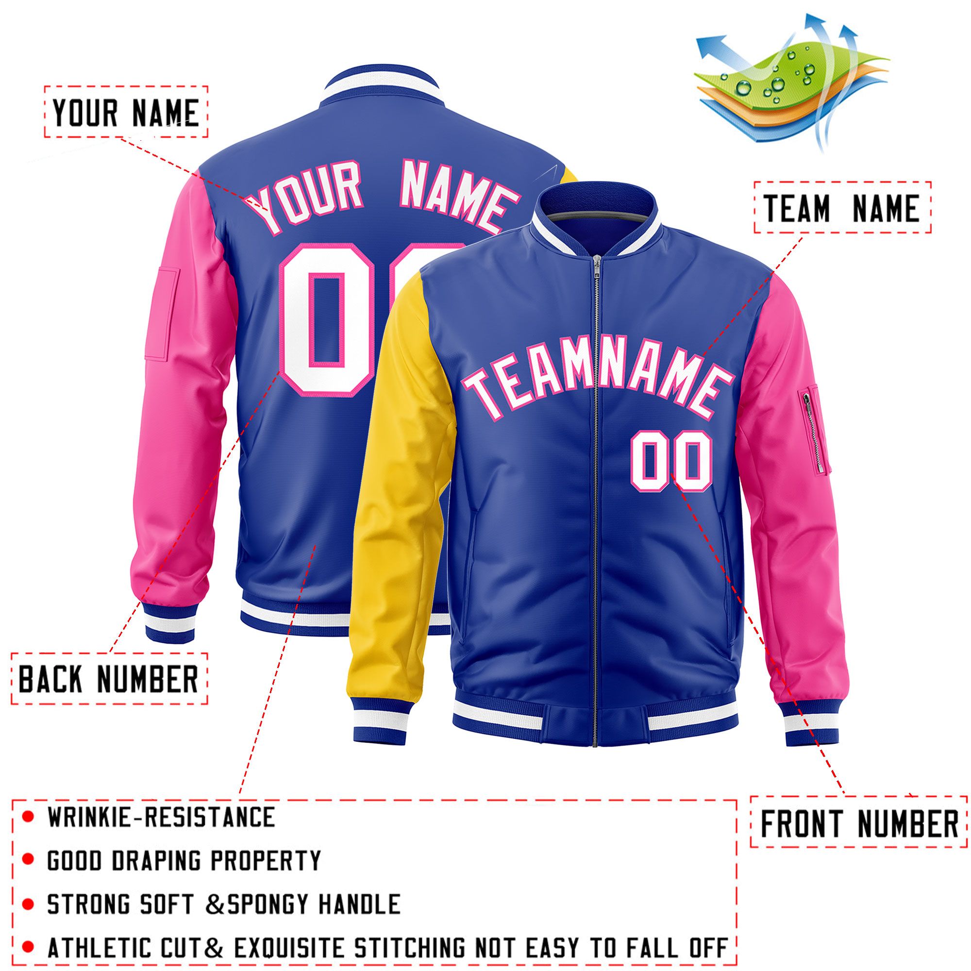 Custom Royal Gold Pink Varsity Full-Zip Raglan Sleeves Letterman Bomber Jacket