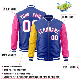 Custom Royal Gold Pink Varsity Full-Zip Raglan Sleeves Letterman Bomber Jacket