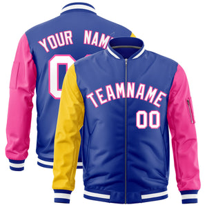 Custom Royal Gold Pink Varsity Full-Zip Raglan Sleeves Letterman Bomber Jacket