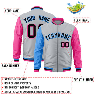 Custom Silver Powder Blue Pink Varsity Full-Zip Raglan Sleeves Letterman Bomber Jacket