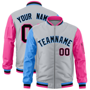 Custom Silver Powder Blue Pink Varsity Full-Zip Raglan Sleeves Letterman Bomber Jacket